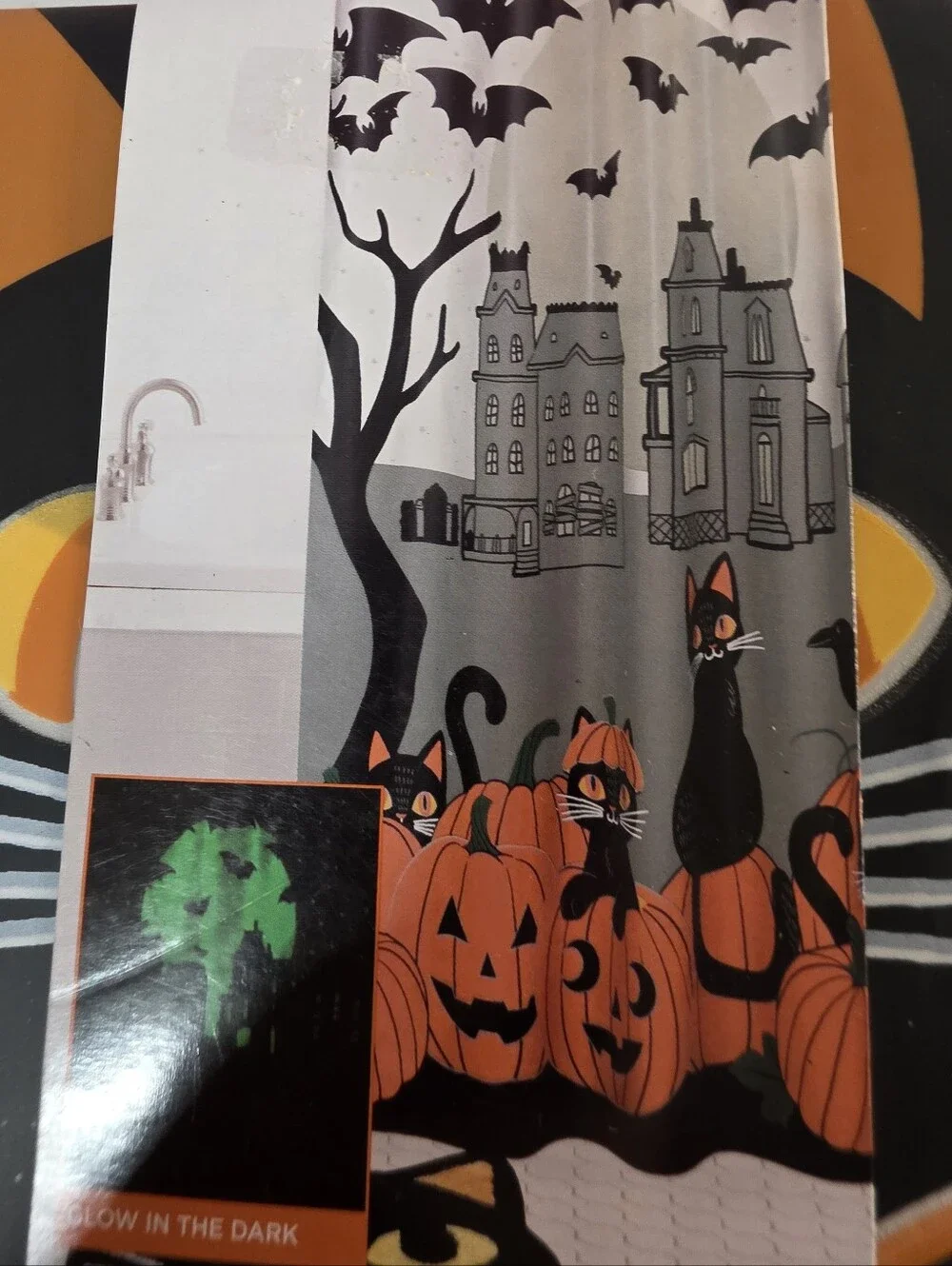 Celebrate Halloween Together Orange Black Scenic Cat Shower Curtain Glow In Dark